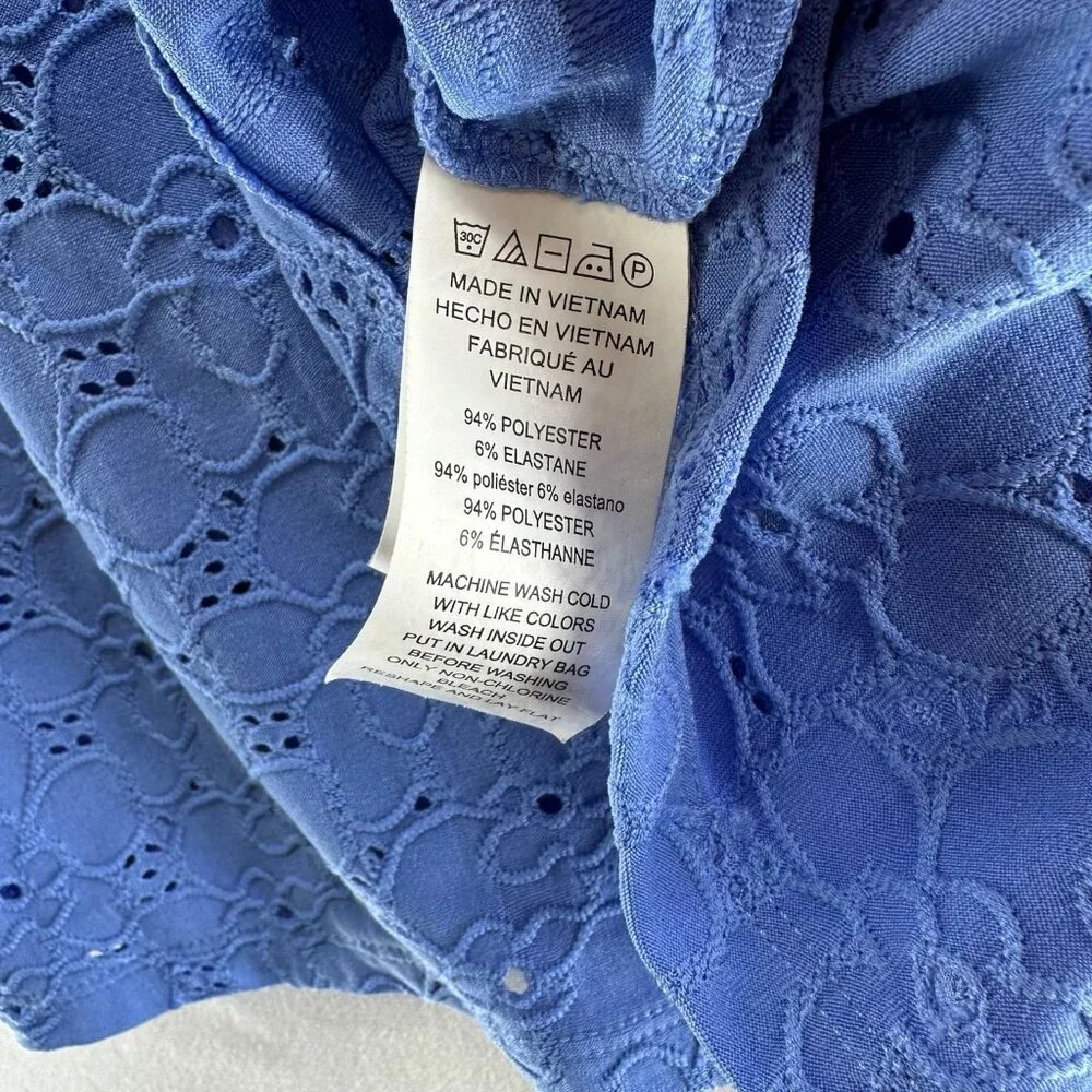 Michael Kors Floral Lace Eyelet Top Womens M V-Neck Ruffle Sleeve Pullover Blue